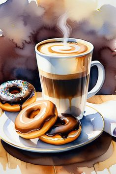 a cup of coffee and two donuts on a saucer with watercolor paint