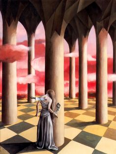 a painting of a woman standing in an empty room with columns on either side, looking at her cell phone