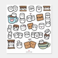 a sticker sheet with different kinds of food and drinks on it, including marshmallows