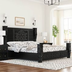 a bedroom with a bed, dresser and lamp in it's centerpieces