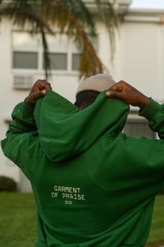 PUT ON A GARMENT OF PRAISE Boxy fit, size up for oversized fit Unisex Heavy french terry cotton Female model is 5'3" and wears a L Male models are 5'10" and 6'1" respectively and wear a L 1 hoodie purchased = 5 grocery bags donated to those in need in Tampa Green Drawstring Hood Sweatshirt For Loungewear, Comfortable Green Hoodie Sweatshirt, Cozy Fit French Terry Hoodie For Streetwear, Green Hoodie Sweatshirt For Loungewear, Cotton Sweatshirt With Drawstring Hood And Drop Shoulder, Green Athleisure Sweats With Drawstring Hood, Green Drawstring Hood Sweats For Athleisure, Green Cotton Athleisure Hoodie, Comfortable French Terry Sweatshirt For Streetwear