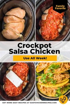 the crockpot salsa chicken recipe is shown in four different pictures with text overlay