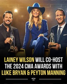 two men and a woman holding trophies in front of a stage with the words, lainey wilson will co - host the 2021 cma awards with luke ryan & pyron manning