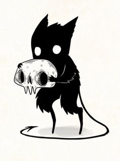 a black and white drawing of a dog with a bone in it's mouth