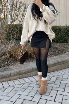 Fall Outfits With Tights And Boots, Casual Ugg Boots Outfit, Minimalist Style Outfits Winter, Fall Outfits With Stockings Tights, Date Outfit Ideas Casual Fall, Ulta Work Outfit Ideas, Date Night Outfit Casual Fall, Sheer Tights And Skirt Outfit, Black Skirt With Fishnets Outfit