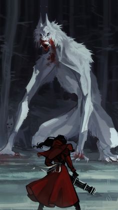 a woman in a red dress walking next to a white wolf