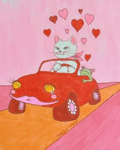 a drawing of a cat driving a red car with hearts coming out of the window