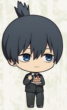 an anime character holding a piece of cake in his hand and looking at the camera