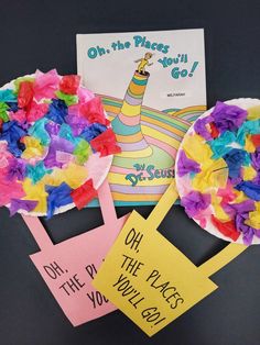 three paper plates with flowers on them next to a sign that says oh the places you'll go