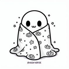 a drawing of a ghost wrapped in a blanket with pumpkins and stars around it