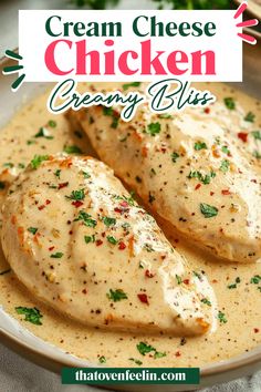 chicken covered in creamy cream sauce on a plate