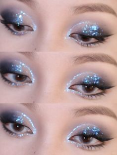 Black And Blue Makeup Prom, Star Themed Eye Makeup, Masquerade Party Makeup, Midnight Eye Makeup, Star Eyeshadow Look, Starry Night Makeup Look, Moon Eye Makeup, Moon And Stars Makeup, Blue And Black Eyeshadow