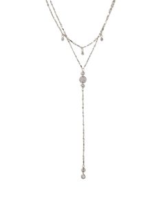 A dual chain lariat necklace that features cubic zirconia accents and dainty chain. Long Y Necklace, Adjustable Dangle Lariat Necklace With Chain, Elegant Adjustable Dangle Layered Necklace, Adjustable Lariat Layered Necklace, Silver Long Drop Jewelry With Adjustable Length, Adjustable Silver Jewelry With Detachable Pendant, Adjustable Lariat Layered Necklace With Chain Detail, Formal Long Necklace With Adjustable Length, Silver Lariat Layered Necklace