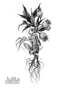 a black and white drawing of flowers with roots