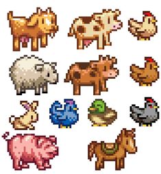 an image of pixel art animals set on white background for use in graphic design or game development