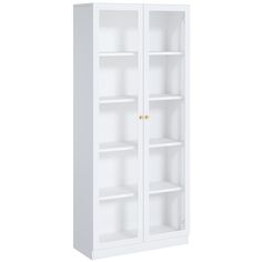 a white bookcase with two shelves on the front and one door open to let in light