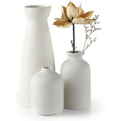 three white vases with flowers in them on a white background, one is empty