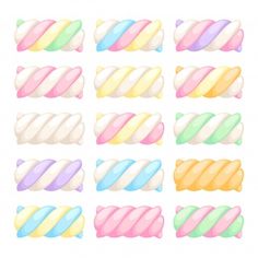 different colored candys arranged in rows on a white background, each with one diagonal stripe