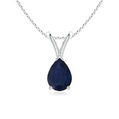 Suspended from a V bale is a glimmering blue sapphire in a beautiful pear shape. It is held in a prong setting with a V prong securing the pointed end. Crafted in platinum, this sapphire drop pendant allures with its entrancing blue hue. Classic Pendant Necklace, Blue Sapphire Jewelry, Blue Sapphire Pendant, Sapphire Necklace Pendants, September Birthstone Jewelry, Sapphire Solitaire, Solitaire Pendant Necklace, Sapphire Pendant, Blue Gems