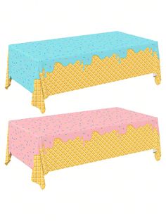 two tables covered in ice cream and sprinkles, one blue and the other pink