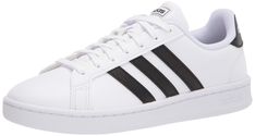 adidas Women's Grand Court Tennis Sneaker Size 8.5M F36483 White/Black/White item 122220 A '70s style reborn. These men's shoes take inspiration from iconic sport styles of the past and move them into the future. They're crafted with a suede upper and leather-like details. Signature 3-Stripes flash along the sides. Plush midsole cushioning gives comfort to every step. Features Regular fit Lace closure Synthetic leather upper Rubber outsole Cloudfoam Comfort sockliner Soft feel Imported Product c Fake Shoes, Adidas Grand Court, Adidas Tennis, Womens Tennis Shoes, Tennis Sneakers, Nike Tennis Shoes, Racquet Sports, Womens Tennis, Adidas Superstar Sneaker