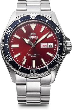 Orient Watch Mako Automatic Mechanical RN-AA0003R Men's Red DescriptionWindshield material: Sapphire glass Display Type Analog Clasp: Push W lock three-fold Case Material: Stainless Steel Case diameter/width 46.8 millimeters Case thickness 12.8 millimeters Band Material/Type: Stainless Steel Band width 22 millimeters Band Color: Silver Dial Color: Red Bezel Material: Stainless Steel Bezel function: Diving bezel Calendar function Day Date Movement Automatic Water resistance: 200m Payment Please pay within 5 days after the auction closed. Shipping Shipping is by Fedex, DHL or Japan Post. Preference will be given to couriers with shorter shipping times. Delivery is about 1 week. Please a message in the case of expedited shipping. Returns Returns are accepted ONLY if the item was not the item Red Chronograph Watch For Business, Red Chronograph Watch With Subdials, Red Analog Watch Accessories As Gift, Formal Red Automatic Chronograph Watch, Classic Red Chronograph Watch, Modern Red Watch With Rectangular Dial, Red Analog Watch For Business, Red Watch Accessories With Subdials As A Gift, Classic Red Watch As A Gift