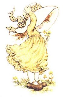 a drawing of a girl in a yellow dress with polka dots on her hat and umbrella