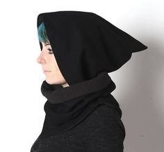 Black hooded scarf, Black cowl with pointy hood, Pixie hooded scarf in black, removable hood, Winter accessories, MALAM Hooded Scarf, Fringe Scarf, Winter Accessories, Black Wool, Boho Hippie, Scarf Wrap, Scarf Accessory, Long Sleeve Tees, France