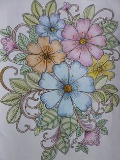 a drawing of flowers with leaves and swirls on it's side, in pastel colors