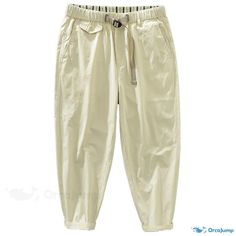 OrcaJump - Ameca Industrial Casual Pants: Straight-leg, Solid Colored, Elastic Waist Nine-point Trousers Casual Beige Cotton Capris, White Casual Summer Chinos, Casual White Chinos For Summer, Casual Beige Capris Trousers, White Summer Chinos With Pockets, Beige Casual Chinos For Summer, Casual Beige Chinos For Summer, Casual Beige Harem Pants, Casual High Waist Spring Chinos