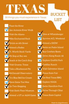 the texas bucket list is shown on an orange background