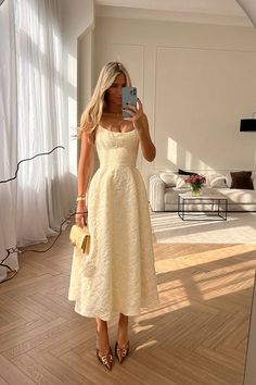 Flowy Dress With Corset Over It, Small Gowns For Women, French Honeymoon Outfits, Summer Party Elegant, A Line Dress Party, Long Sleeve Garden Party Dress, Line A Dress Casual, A Line Dress Styling, Vegas Guest Wedding Dress