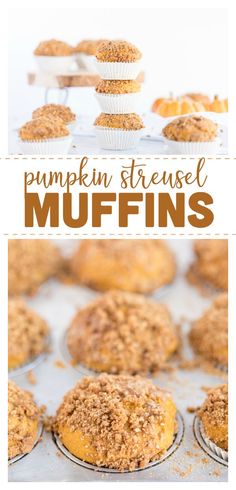 pumpkin muffins with crumbled topping on top and the title overlay reads pumpkin streuse muffins