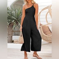 One Shoulder Pleated Jumpsuit W/Pockets - High Waist - Wide Leg - Two Strap, One Shoulder - Adjustable Straps - Pleated Waistband - Hidden Side Pockets - Stretchy Back Smocking - Medium Weight Fabric; Great Quality - 70% Rayon /30% Lined {Bin#8} Spring Jumpsuits, Cute Travel Outfits, High Waist Jumpsuit, Jumpsuit Fitted, Straps Jumpsuit, Solid Color Jumpsuits, Loose Jumpsuit, Jumpsuit Elegant, Linen Jumpsuit