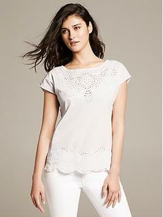 Embroidered Top - Shirts White Cap Sleeve Top For Spring, Elegant Tops With Cutwork Hem For Spring, Elegant Spring Top With Cutwork Hem, White Feminine Top With Cutwork Hem, Elegant Summer Tops With Cutwork Hem, Spring Short Sleeve Top With Cutwork Hem, White Short Sleeve Top With Cutwork Hem, Elegant Short Sleeve Tops With Cutwork Hem, Elegant Cotton Top With Embroidered Neckline