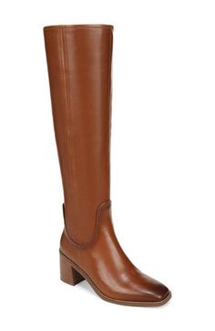 A stretchy back panel lends easy wear to an equestrian-inspired boot balanced by a squared-off toe and stacked block heel. 2 1/2" heel (size 7.5) 16" shaft; 14" calf circumference Cushioned footbed with Contour+ technology and arch support Leather upper/synthetic lining/rubber sole Imported Wide Calf Knee High Boots, Tall Riding Boots, Comfortable Boots, Wide Calf, Boots And Sneakers, Tall Boots, Easy Wear, Over The Knee Boots, Boot Shoes Women