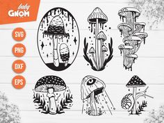 mushroom clipart set on wood background with mushrooms and plants in the woods, hand drawn graphics