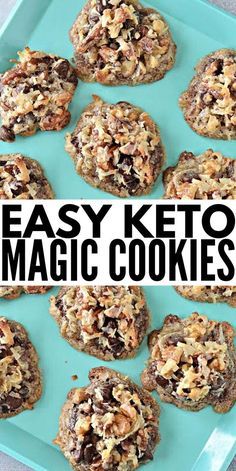 easy keto magic cookies on a blue tray