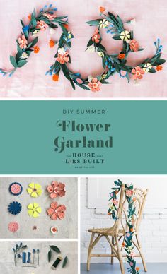 flowers are arranged on the wall with text overlay that reads diy summer flower garland