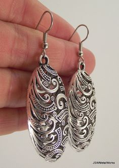 Oval Puffed Silver Filigree Earrings by JSWMetalWorks Pewter Earrings, Filigree Earrings, Earrings Statement, Large Earrings, Silver Filigree, Keep Jewelry, Chandelier Earrings, Base Metal, Statement Jewelry