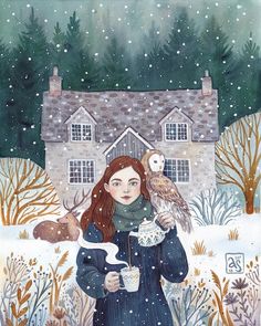 a painting of a girl holding an owl and cup in front of a house on a snowy day