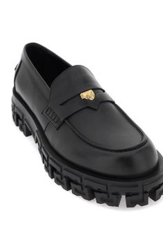 100% Calf Leather Bos Taurus, 100% Rubber | Versace Men's Leather Loafers in Black | FW23/24 Versace Shoes Mens, Versace Loafers, Versace Heels, Dream Items, Mens Leather Loafers, Versace Logo, Versace Shoes, Versace Brand, Brand Clothes