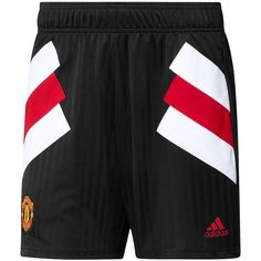 Whether you're getting ready to hit the pitch or to cheer on Manchester United at their next match, you'll be able to emphasize your fandom by sporting these Football Icon shorts from adidas. They feature club-colored stripes across the front and an embroidered Manchester United emblem on the right leg. Thanks to the drawstring-adjustable elastic waistband, you'll be able to maintain a comfortable fit throughout every wear. One zippered rear pocket Officially licensed Training Jersey Sewn-on str Team Logo Shorts For Sports, Team Logo Sports Shorts, Sports Shorts With Team Logo For Sports Season, Sports Shorts With Team Logo For Sports Events, Sports Shorts With Team Logo, Team-colored Athletic Shorts For Sports Events, Sports Season Shorts With Team Logo, Collegiate Sports Shorts, Collegiate Shorts For Sports Events