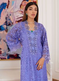 Farah Talib Aziz Evanthia Periwinkle Rawsilk Schiffli Long Shirt Luxe Luna Eid Prets 2024 Original brand suit fabric and photography lite diffrance in actual print. Organza Cutwork, Farah Talib Aziz, Cotton Suit Designs, Annie Dress, Periwinkle Color, Luxury Wear, Eid Collection, Suit Fabric, Suit Designs