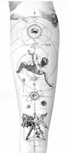 an artistic tattoo design on the back of a woman's leg, with images of cherubs and angels