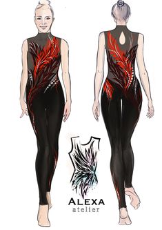 a drawing of a woman in black and red bodysuits