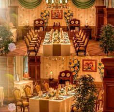 the dining room is decorated in gold and green