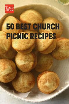 the cover of 50 best church picnic recipes, including muffins in a bowl