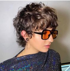 Short Pixie Shag Haircut, Pixie Wolf Cut Hair, Wolf Pixie Cut, Grey Wolf Cut, Curly Pixie Mullet, Short Pixie Mullet, Pixie Wolf Cut, Short Curly Wolf Cut, Mullet For Women