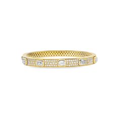 18kt yellow gold 6.5mm pave bangle with bezel emerald diamonds. This luxurious piece exudes elegance and sophistication, perfect for adding a touch of glamour to any outfit. The radiant yellow gold complements the dazzling diamonds, creating a mesmerizing sparkle that will surely turn heads wherever you go. Elevate your look and make a statement with this exquisite bracelet that will be the envy of all.  Product: Bangle Material: 18kt Yellow Gold Gemstone: Diamond Gemstone Carat: 3.52cts  Gemstone Shape: Emerald Pave Bangle, Emerald Diamond, Diamond Gemstone, Emerald, Bangles, Diamonds, Sparkle, Yellow Gold, Bracelet